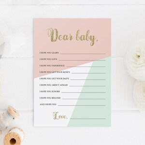 Deseos para tu bebé: Juegos para baby shower en tonos menta y coral, tarjetas de deseos para bebé en rosa y dorado, tarjetas imprimibles para baby shower, PDF para bebé GP1