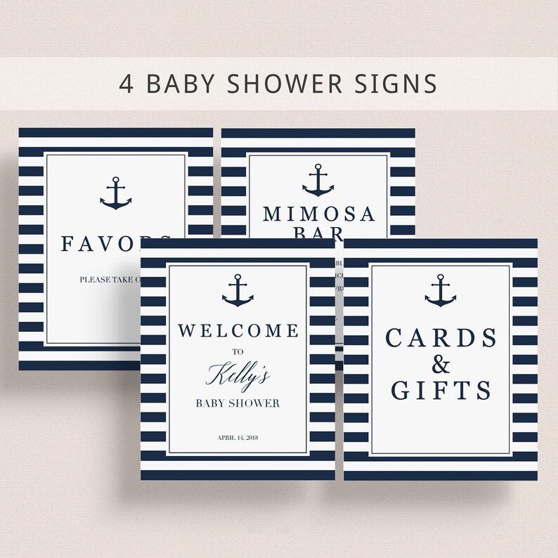 Coastal Baby Shower Kit Decoration Baby Shower Package Boy Nautical Baby Shower Signs Printable Navy Blue Baby Sprinkle Table Decor PDF NS1 image 1