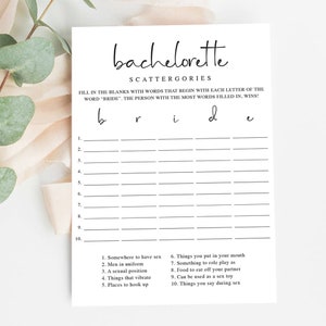 Dirty Bachelorette Scattergories Game Printable Minimalist Bachelorette ...
