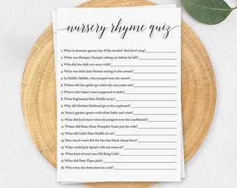 Gra z rymowankami dla niemowląt na baby shower Minimalistyczny czarno-biały quiz z rymowankami do druku Zgadnij, że rymowanki dla niemowląt CL2