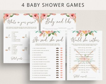 Floral Boho Baby Shower Games Package Printable Bohemian Chic Babyshower Game Pack Floral Baby Sprinkle Games Would She Rather Game Card TR1