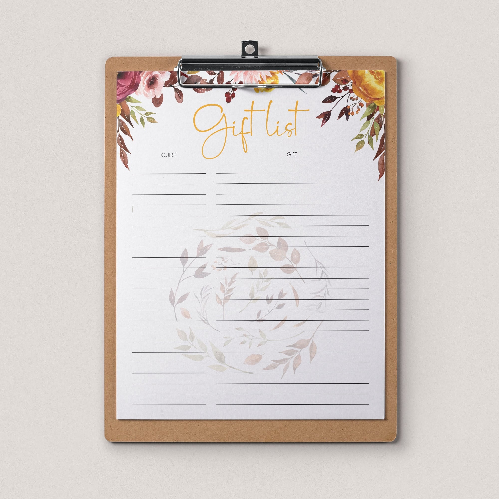 Gift List Bridal Shower Gift Tracker Printable Burgundy Bridal Etsy