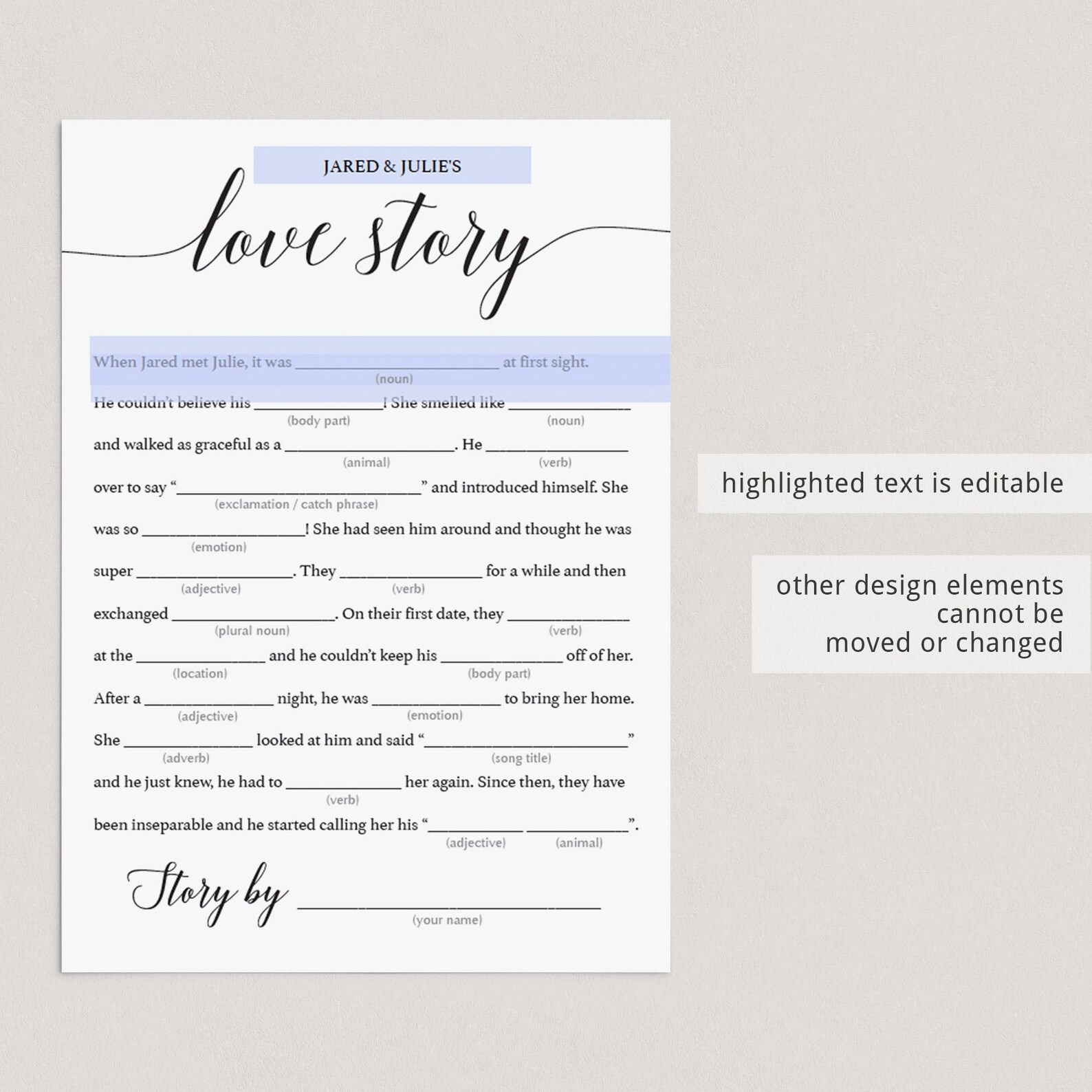 Love Story Mad Libs Wedding Shower Games Printable Wedding - Etsy