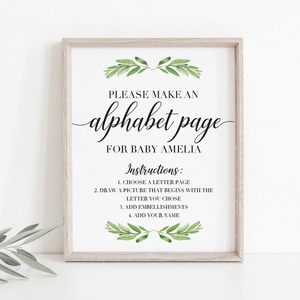 Baby Shower ABC Book Sign Greenery Baby Shower Alphabet Book Sign Printable Baby Shower Activity Signage Alphabet Page Sign Table Decor GL1