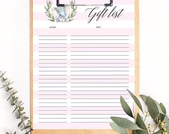 Gift Tracker Elephant Baby Shower Gift List Baby Shower Girl Elephant Decorations Printable Guest and Gift List for Shower Gift Log Book LPE