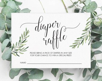 Boletos para la rifa de pañales botánicos, tarjetas imprimibles para la rifa de pañales para baby shower con vegetación, descarga instantánea, juego de pañales con chispas para bebés, hoja verde OF2