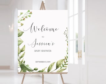 Welcome Poster for Baby Shower Greenery Decorations Welcome to Baby Shower Sign Printable Welcome Sign Green Leaves Wedding Welcome Sign CG2