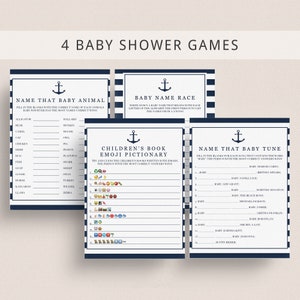 Nautical Baby Shower Games Bundle Instant Download Emoji Pictionary Game Anchor Baby Shower Baby Name Race Name That Baby Tune Game Card NS1