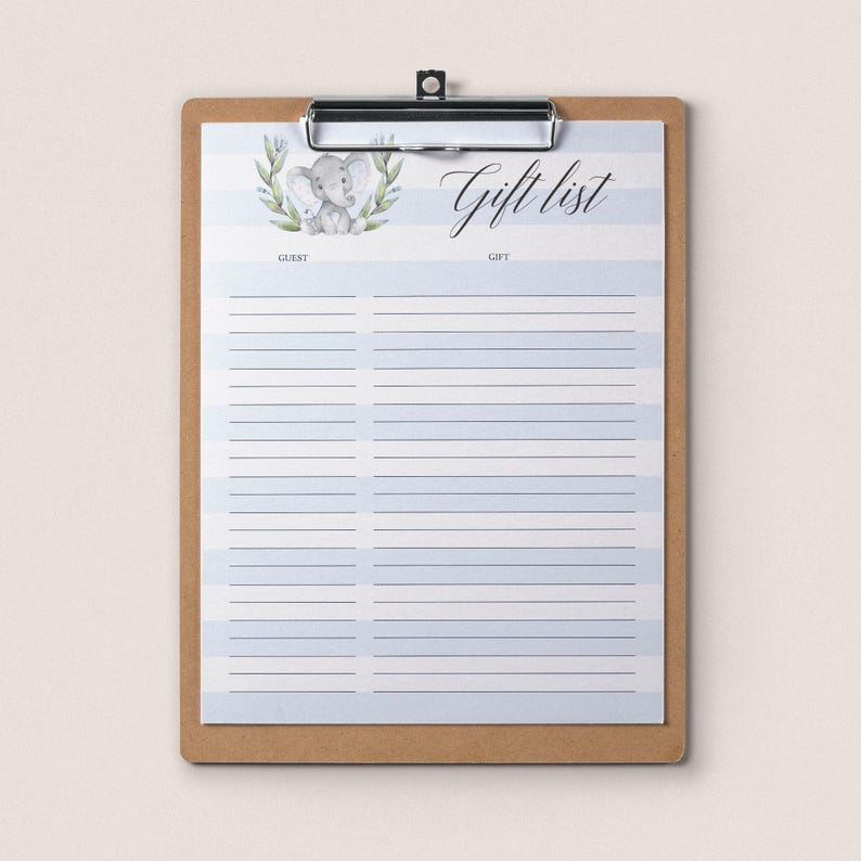 Gift List for Baby Shower Gift List Printable, Baby Elephant Theme Baby Shower Gift Tracker, Gift List Sheets, Birthday Instant Download LBE image 3