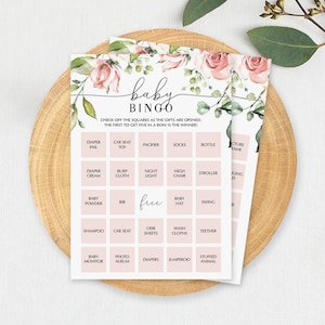 Bingo para baby shower rosa, tarjetas de bingo para baby shower ruborizadas, bingo para bebé niña, bingo para bebé imprimible, juegos de bingo floral para baby shower niña BB1