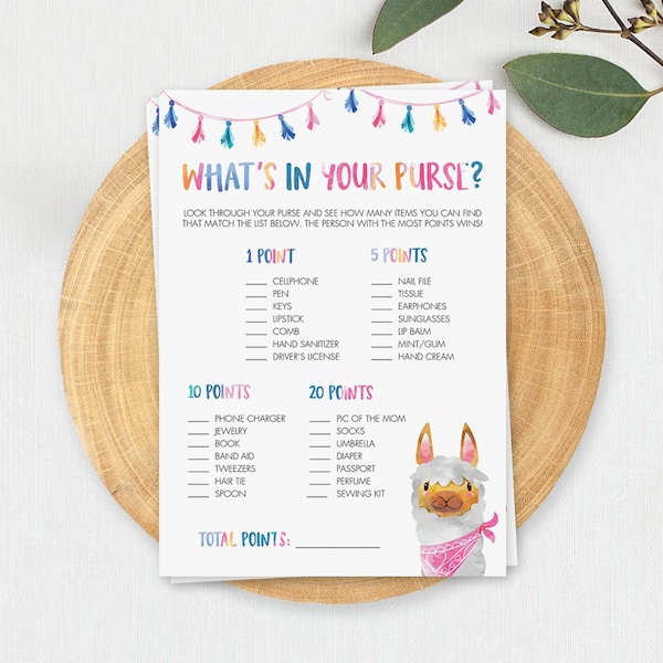 Fiesta Baby Shower Was in Ihrer Handtasche Spiel Printable Lama Baby Shower Spiele Handtasche Spiel Alpaka Babyshower Ideen Geldbörse Baby Shower DIY LM1