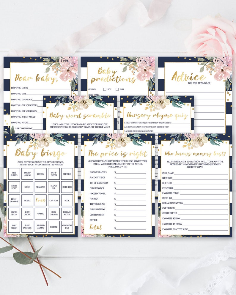 Floral Baby Shower Games Package Classy Baby Shower Faux Etsy