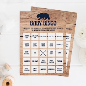 Rustic Baby Bingo Printable, Baby Bear Baby Bingo Prefilled, Wood Bingo Cards Baby Shower, Baby Bingo Boy Baby Shower, Woodland Themed, BBL