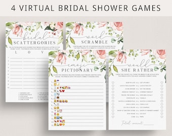 Virtual Bridal Shower Games Instant Download Blush Floral Bridal Shower Games for Zoom Fillable Bridal Shower Games Bundle Pink Flowers BB1