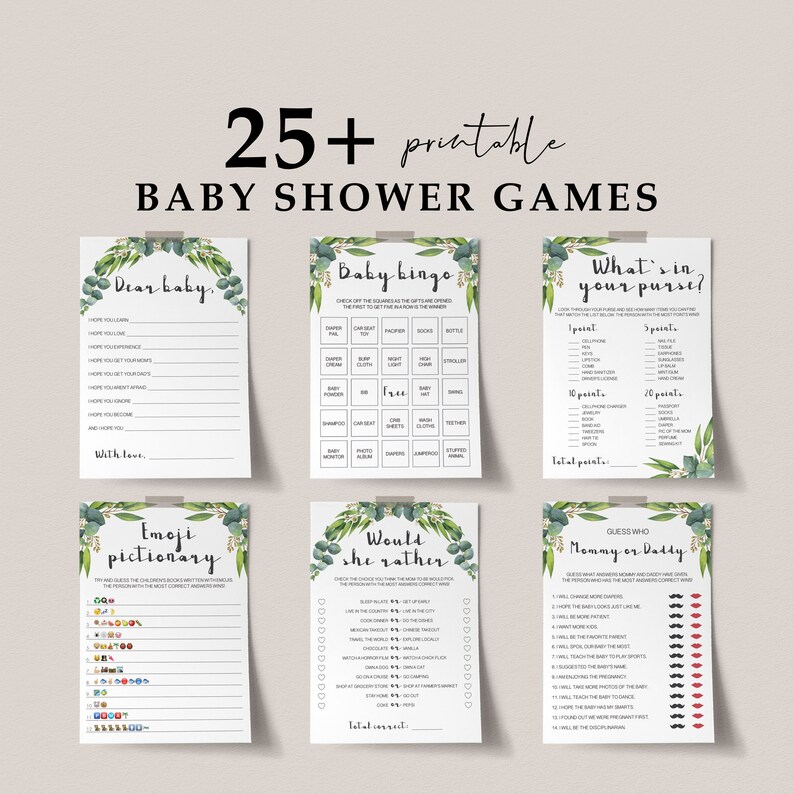 Greenery Baby Shower Games Bundle Instant Download Eucalyptus Etsy