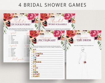 Red Floral Bridal Shower Games Package Instant Downloadable Wedding Shower Games Bundle Guess The Dress Bridal Shower Questions Game DIY BL1