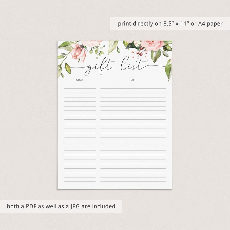 Blush Floral Gift List Bridal Shower Gift List Printable Sheet Pink Flowers Gift Log Instant Download Pink Floral Gift Tracker Template BB1 image 4