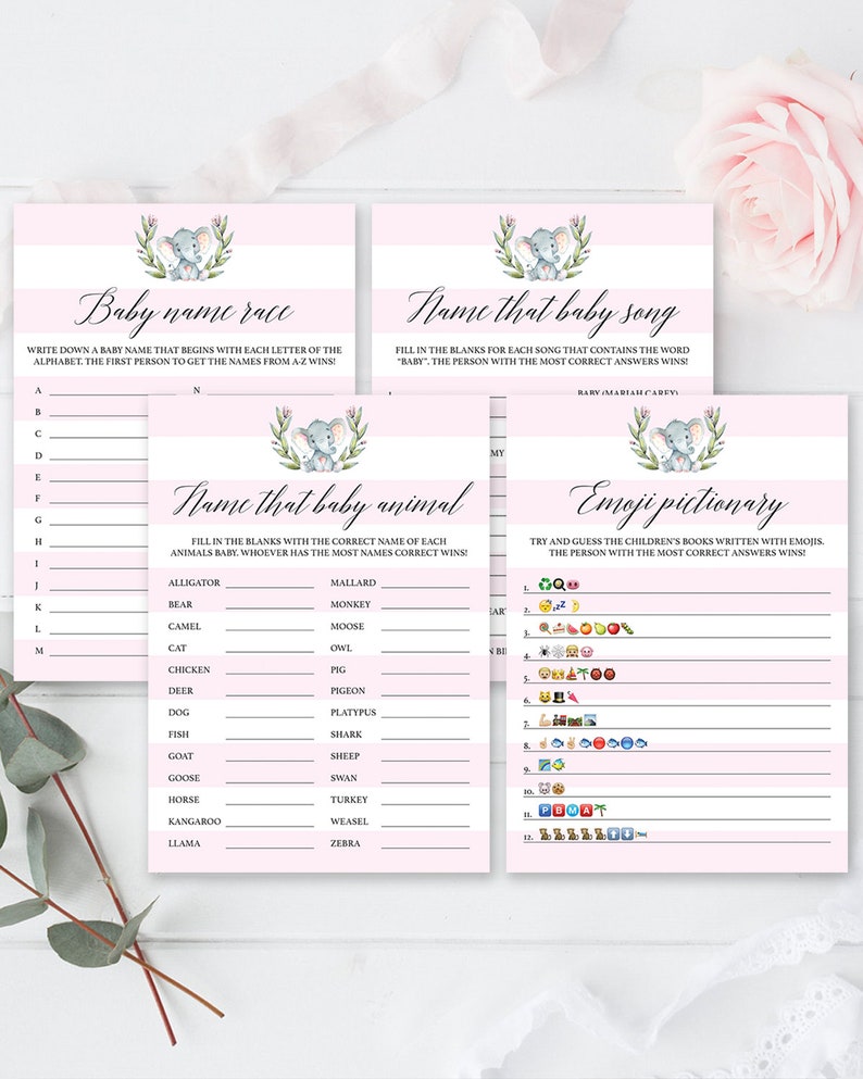 Elephant Baby Shower Games Bundle Instant Download Safari Babyshower Games Pink and White Name That Baby Animal Elephant Themed Emojis LPE