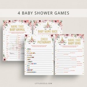 Pink Flowers Unicorn Baby Shower Games Bundle Printable White and Pink Babyshower Games Unicorn Theme Floral Unicorn Party Ideas Emoji MU1