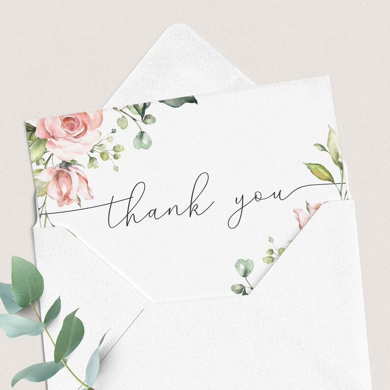 Floral Thank You Cards Printable Blush Bridal Shower Thank You Card ...
