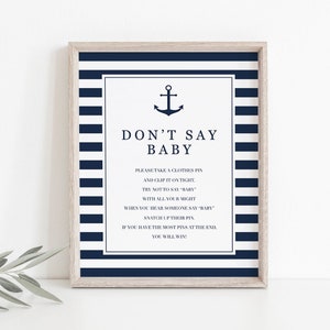Nautical Baby Shower Sign Printable Dont Say Baby Game Sign for Baby Shower Decoration Navy Stripes Anchor Baby Shower Game Downloadable NS1