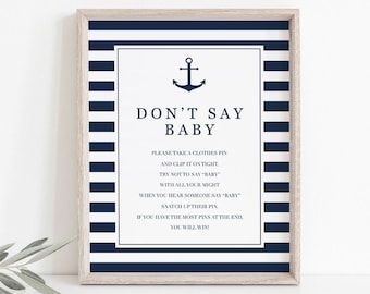 Nautical Baby Shower Sign Printable Dont Say Baby Game Sign for Baby Shower Decoration Navy Stripes Anchor Baby Shower Game Downloadable NS1