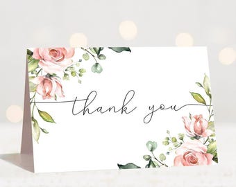 Floral Thank You Cards Printable Blush Bridal Shower Thank You Card Insert Floral Thank You Note Card Download Pink Flowers Wedding Card BB1