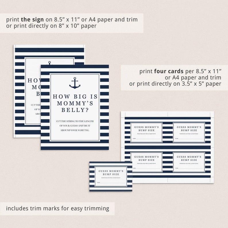Nautical Baby Sprinkle Games Printable How Big Is Mommys Belly Game Sign and Game Cards Instant Download Navy Anchor Baby Shower Theme NS1