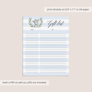 Gift List for Baby Shower Gift List Printable, Baby Elephant Theme Baby Shower Gift Tracker, Gift List Sheets, Birthday Instant Download LBE image 4