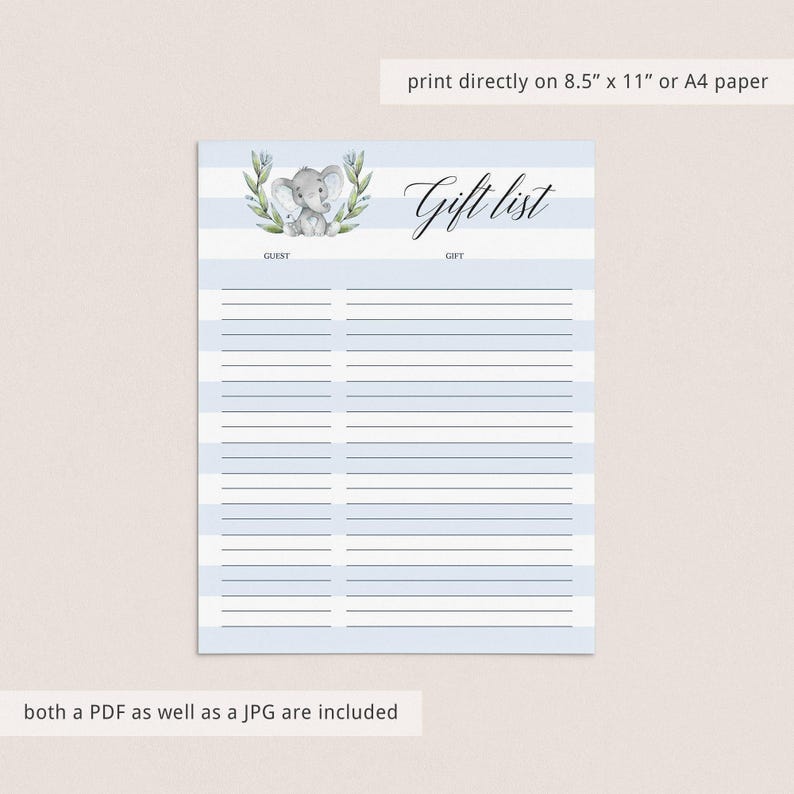 Gift List for Baby Shower Gift List Printable, Baby Elephant Theme Baby Shower Gift Tracker, Gift List Sheets, Birthday Instant Download LBE image 4