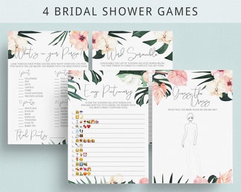 Blush Floral Bridal Shower Games Package Hawaiian Wedding Shower Games Printable Guess the Dress Bridal Shower Whats In Your Purse Game TD1