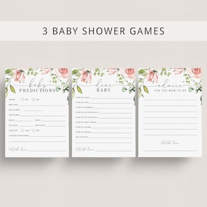 Blozen roze bloemen babyshower spelletjes bundel lieve baby wens kaart Instant Download meisje baby shower aandenkens baby voorspellingen afdrukbare BB1