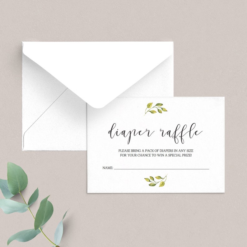 Baby Diaper Raffle Ticket Printable Greenery Baby Shower Invitation Enclosure Cards Baby Shower Diaper Raffle Card Instant Download Leaf CG2