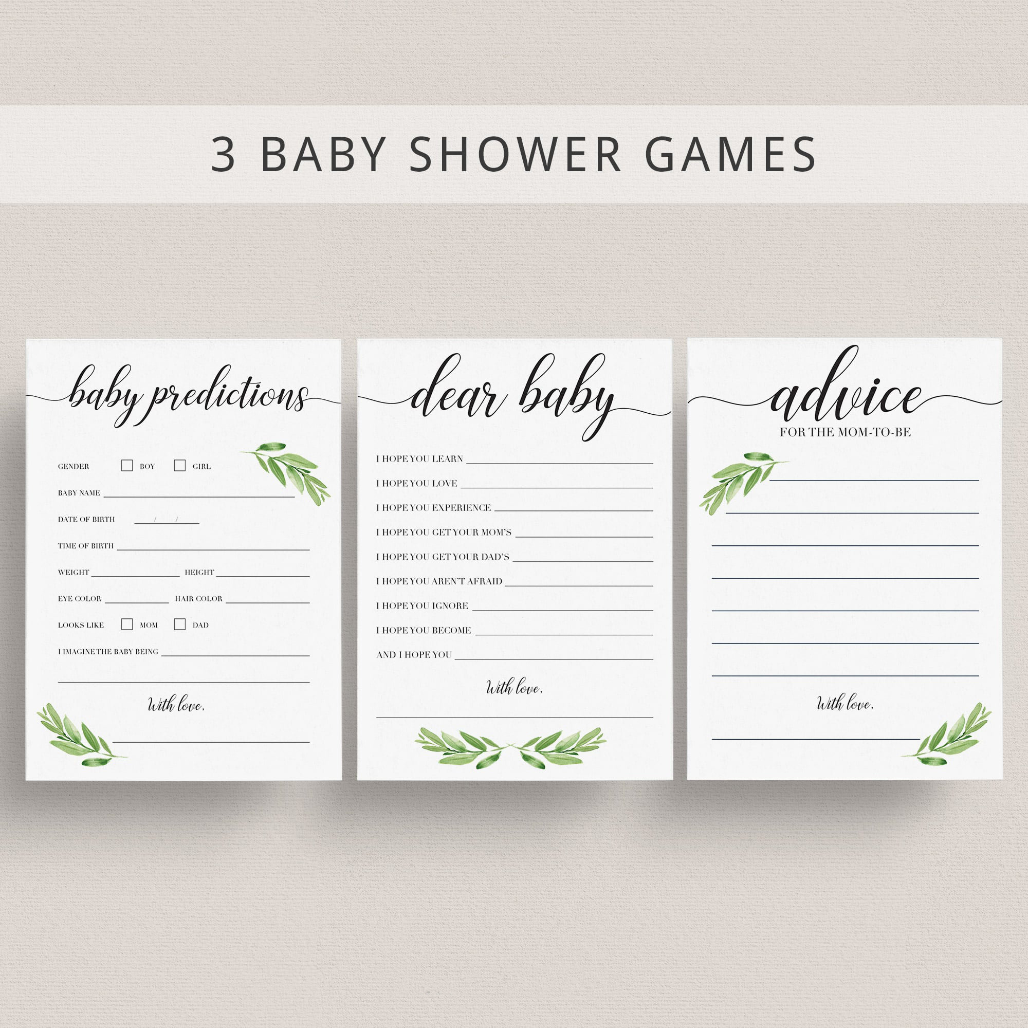 Games for Baby Shower DIY Baby Shower Game Package Greenery Etsy