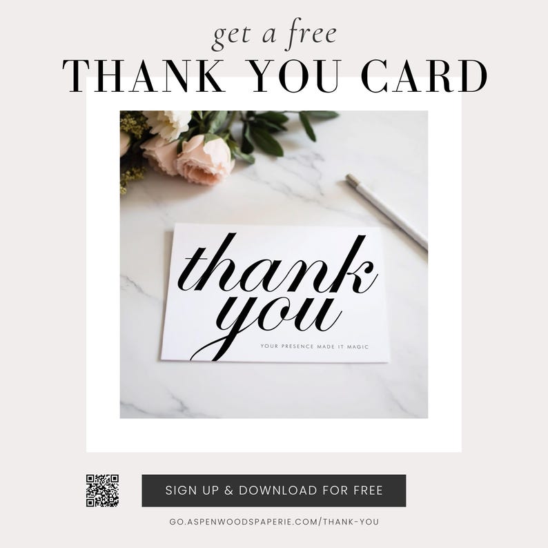 The image is a promotional graphic for a free thank you card. It features a white card with the text "Thank you" written on it, along with a bouquet of flowers and a pen on a marble surface. The text "get a free" is displayed at the top, and "sign up & download for free" is at the bottom.