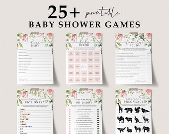 Floral Baby Shower Games Bundle Printable Blush Babyshower Games Instant Download Baby Party Games Green and Pink Baby Shower Activities BB1