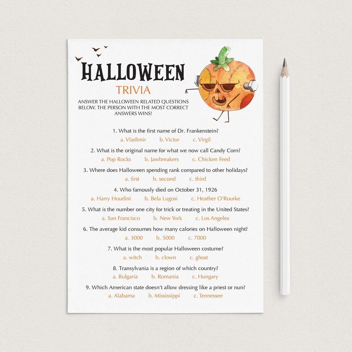 Halloween Trivia Printable Halloween Party Games for Adults - Etsy