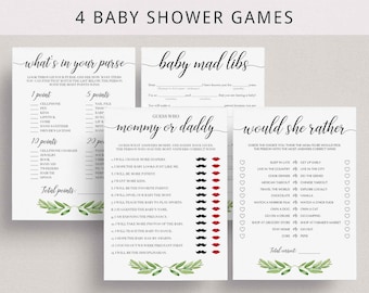 Greenery Baby Shower Games Package Garden Baby Party Games Bundle Baby Shower Mad Libs Game Mommy or Daddy Printable Green Leaf Games GL1