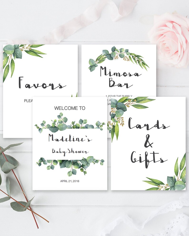 Greenery Baby Shower Signs Pack Green Leaves Welcome Sign Printable Editable Sign Botanical Baby Shower Decorations Green Mimosa Sign CE2