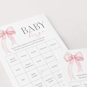 60 Baby Bingo Cards Coquette Baby Shower Bingo Printable Prefilled Baby Bingo Cards Pink Bow Baby Shower Bingo Game for Large Group Girl PB1 image 3