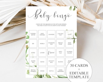 Greenery Baby Shower Bingo Cards | Prefilled Baby Shower Game Printable Baby Bingo Game Editable Template Bingo Card Baby Bingo Template CG2