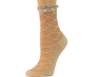 Women Sheer Socks,Hand Pearl Bead Work,Beautiful Women Socks, Crystal Lace,Transparent Socks,Fashion Socks,Socks,Modern Socks