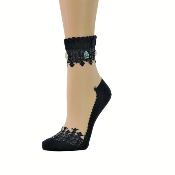 Women Sheer Socks/Hand Beads Work/Beads Sequence Work/Women Socks/Crystal Lace/Transparent Socks/Fancy Socks/Fashion Socks/Floral Socks/