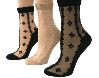 Hand bestickt, schöne Frauen Socken, Kristall Spitze, Polka Dot Socken, transparente Socken, gepunktete Socken, Nylonsocken, Geschenk für Schwester, Nylonsocken
