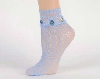 Women Sheer Socks/Hand Beads Work/Beads Sequence Work/Women Socks/Crystal Lace/Transparent Socks/Fancy Socks/Fashion Socks/Floral Socks/