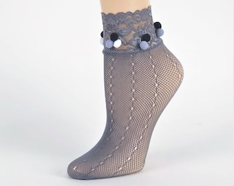 Calcetines florales transparentes: calcetines tobilleros con pompón de encaje para mujer
