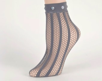 Calcetines transparentes con cuentas: calcetines de encaje floral de moda para mujer