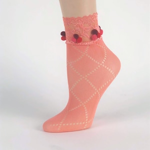 Women Sheer Socks/Hand Pompom Sequence Work/Gift for Daughter/Crystal Lace Socks/Transparent Socks/Fancy Socks/Fashion Socks/Floral Socks/