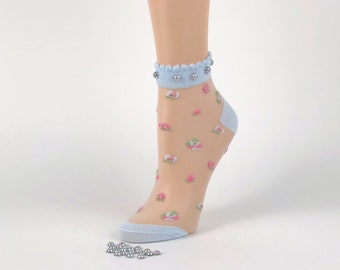 Women Sheer Socks/Hand Beads Work/Beads Sequence Work/Women Socks/Crystal Lace/Transparent Socks/Fancy Socks/Fashion Socks/Floral Socks/