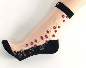 Women Sheer Socks, Hand Hear and Star Bead Work,Beautiful Women Socks, Crystal Lace,Transparent Socks,Fashion Socks,Socks,Modern Socks